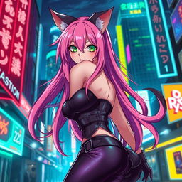 A very hot anime neko girl with long flowing pink hair and green cat-like eyes, wearing a form-fitting leather outfit that accentuates her curves