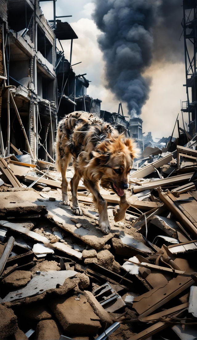 16k resolution photograph of a real dog with dirty fur sniffing through rubble in a war-torn landscape. Captured in low light with sharp focus, reminiscent of James Nachtwey's style.