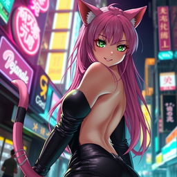 A very hot anime neko girl with long flowing pink hair and green cat-like eyes, wearing a form-fitting leather outfit that accentuates her curves