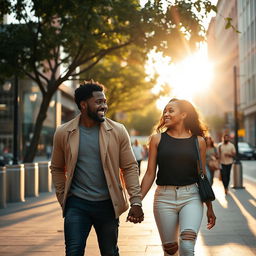 A young Black couple walking through the city happily in the morning sun