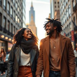 A young Black couple walking through the city happily in the morning sun