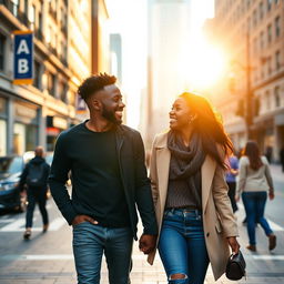 A young Black couple walking through the city happily in the morning sun