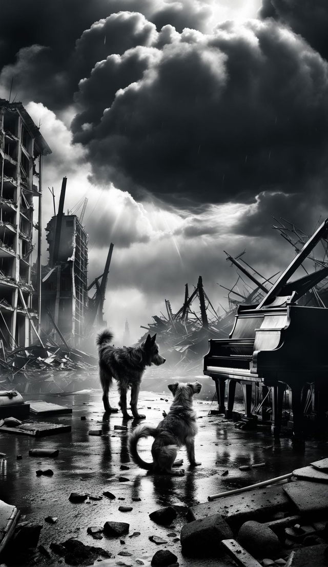 A real dog with dirty fur sniffs through rubble in a decrepit, war-torn city under stormy skies and rain. A flawless grand piano stands at the end of the street. The black and white image is captured in 16k resolution with a focus on detail, reminiscent of James Nachtwey's photography.