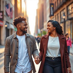 A young Black couple walking through the city happily in the morning sun