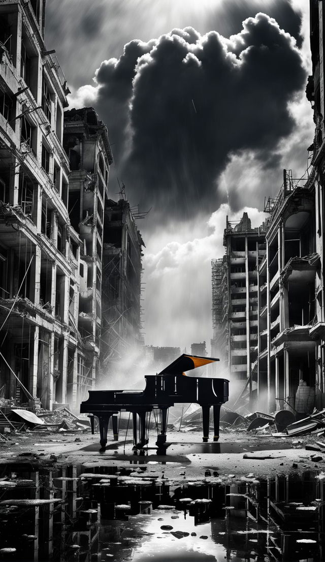 A black and white photograph of a war-torn city under storm clouds and rain. Amidst the ruins stands a flawless grand piano at the end of the street. The image is in 16k resolution with extreme detail, reminiscent of James Nachtwey's photography.