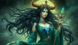 The Taurus Goddess is a vision of ethereal grace, with obsidian tresses cascading like a river of shadow