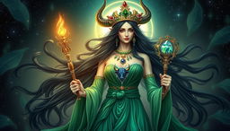 The Taurus Goddess is a vision of ethereal grace, with obsidian tresses cascading like a river of shadow