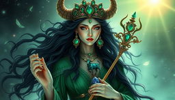 The Taurus Goddess is a vision of ethereal grace, with obsidian tresses cascading like a river of shadow