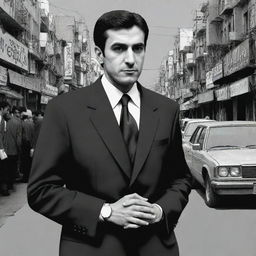 A figure in a suit, standing on a bustling Iranian street, looking darkly at a wrist watch, in a monochromatic comic book style.