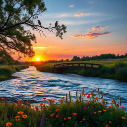 a serene landscape featuring a flowing river with shimmering reflections of the sunset, surrounded by lush greenery and colorful wildflowers