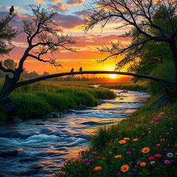 a serene landscape featuring a flowing river with shimmering reflections of the sunset, surrounded by lush greenery and colorful wildflowers