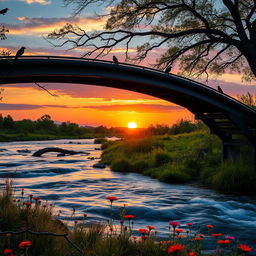 a serene landscape featuring a flowing river with shimmering reflections of the sunset, surrounded by lush greenery and colorful wildflowers