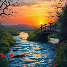 a serene landscape featuring a flowing river with shimmering reflections of the sunset, surrounded by lush greenery and colorful wildflowers