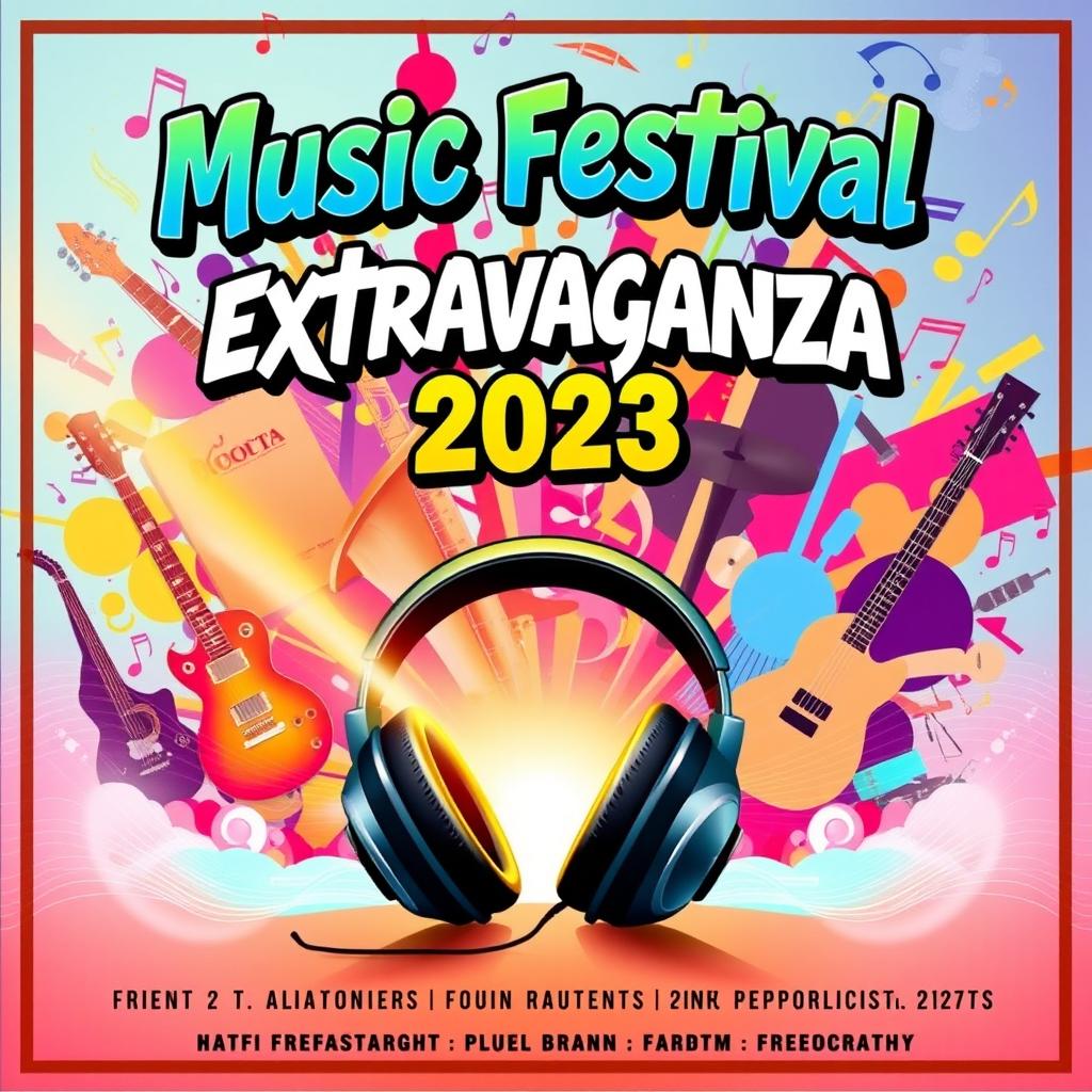 A vibrant and dynamic music festival poster featuring a collage of various musical instruments like guitars, drums, and saxophones