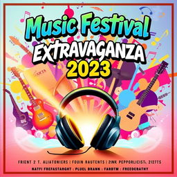 A vibrant and dynamic music festival poster featuring a collage of various musical instruments like guitars, drums, and saxophones