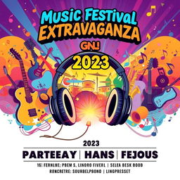 A vibrant and dynamic music festival poster featuring a collage of various musical instruments like guitars, drums, and saxophones