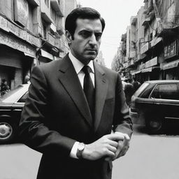 A figure in a suit, standing on a bustling Iranian street, looking darkly at a wrist watch, in a monochromatic comic book style.