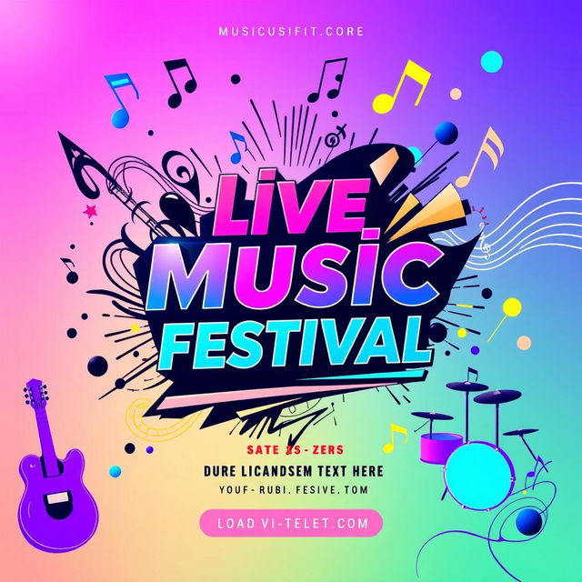 A vibrant and eye-catching music festival poster, featuring abstract and colorful musical elements like musical notes, instruments, and soundwaves