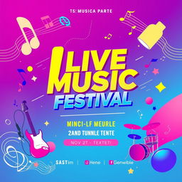 A vibrant and eye-catching music festival poster, featuring abstract and colorful musical elements like musical notes, instruments, and soundwaves