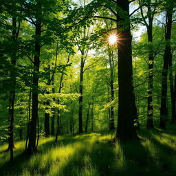 A beautiful and lush green forest with sunlight filtering through the trees