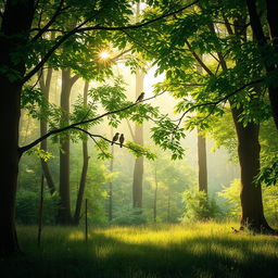 A beautiful and lush green forest with sunlight filtering through the trees