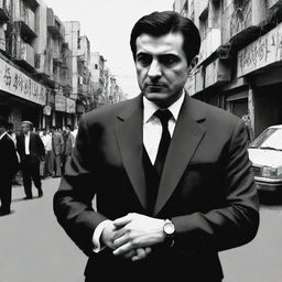 A figure in a suit, standing on a bustling Iranian street, looking darkly at a wrist watch, in a monochromatic comic book style.