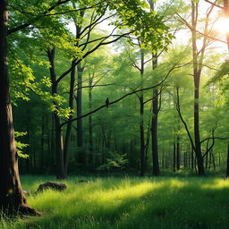 A beautiful and lush green forest with sunlight filtering through the trees