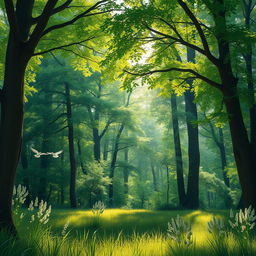 A beautiful and lush green forest with sunlight filtering through the trees