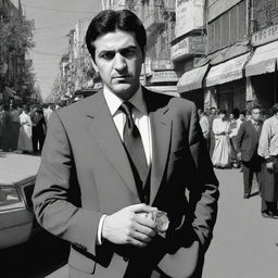 A figure in a suit, standing on a bustling Iranian street, looking darkly at a wrist watch, in a monochromatic comic book style.