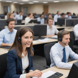 A bustling call center scene with agents busy at their desks while in the background, a prize is prominently displayed, creating a mix of enthusiasm and suspense.