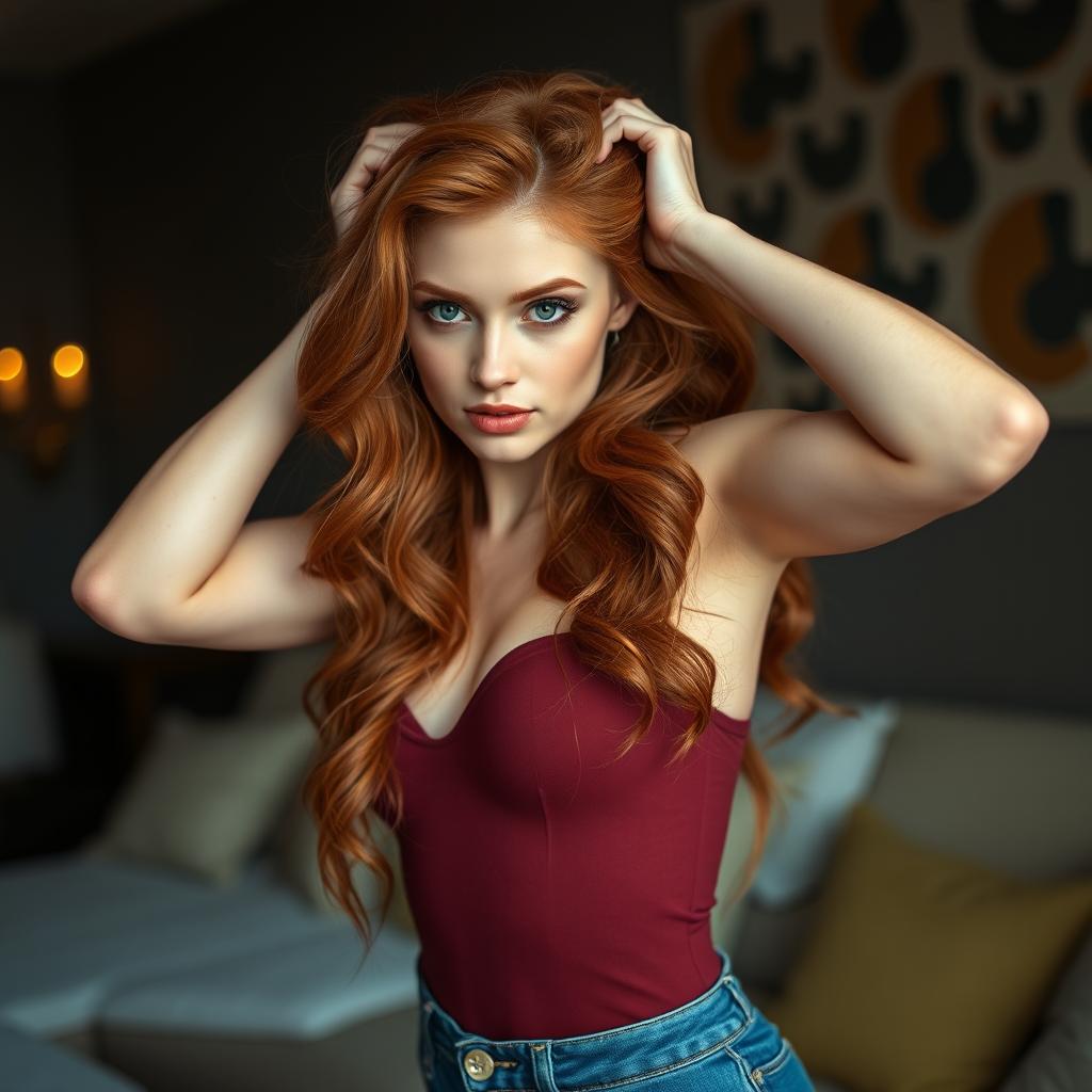 young and magnificent 18-year-old redhead girl with captivating green eyes and luscious curves, striking a provocative pose with playful confidence