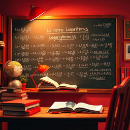 A captivating and educational scene showing the introduction to logarithmic calculations, with textbooks, a chalkboard filled with logarithm formulas, and a vibrant red color theme