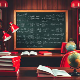 A captivating and educational scene showing the introduction to logarithmic calculations, with textbooks, a chalkboard filled with logarithm formulas, and a vibrant red color theme