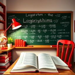 A captivating and educational scene showing the introduction to logarithmic calculations, with textbooks, a chalkboard filled with logarithm formulas, and a vibrant red color theme