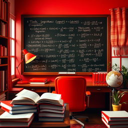 A captivating and educational scene showing the introduction to logarithmic calculations, with textbooks, a chalkboard filled with logarithm formulas, and a vibrant red color theme