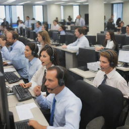 A bustling call center scene with agents busy at their desks while in the background, a prize is prominently displayed, creating a mix of enthusiasm and suspense.