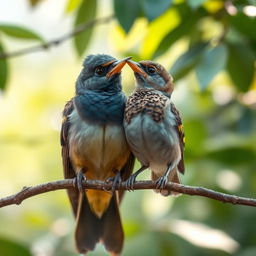 A scene featuring a mynah bird and a sparrow sitting on a branch