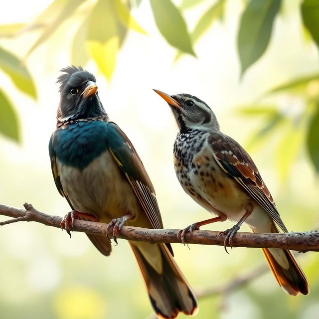 A scene featuring a mynah bird and a sparrow sitting on a branch