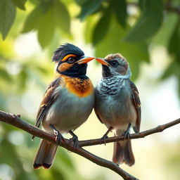 A scene featuring a mynah bird and a sparrow sitting on a branch