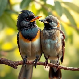 A scene featuring a mynah bird and a sparrow sitting on a branch