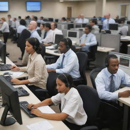 A bustling call center scene with agents busy at their desks while in the background, a prize is prominently displayed, creating a mix of enthusiasm and suspense.