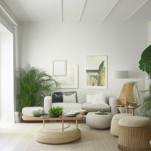 Interior design of a modern and spacious living room with stylish and minimalist furniture, accented by natural lights and indoor plants.