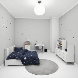 A minimalistic children's bedroom designed for a 5-year-old with a space theme