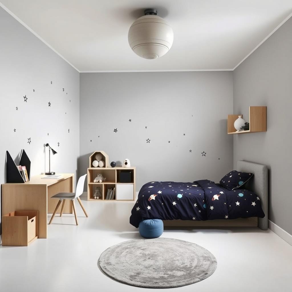 A minimalistic children's bedroom designed for a 5-year-old with a space theme