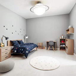 A minimalistic children's bedroom designed for a 5-year-old with a space theme