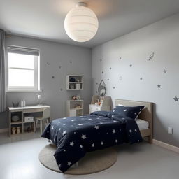 A minimalistic children's bedroom designed for a 5-year-old with a space theme