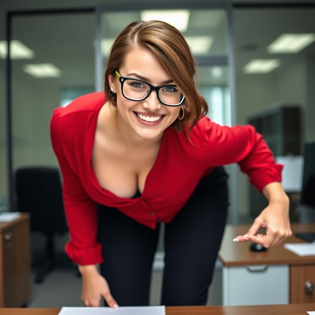 A close-up front view of a woman resembling Jelena Jensen, a brunette with glasses, wearing a red blouse that highlights her cleavage