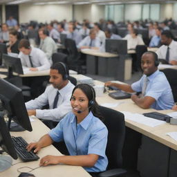 A bustling call center scene with agents busy at their desks while in the background, a prize is prominently displayed, creating a mix of enthusiasm and suspense.