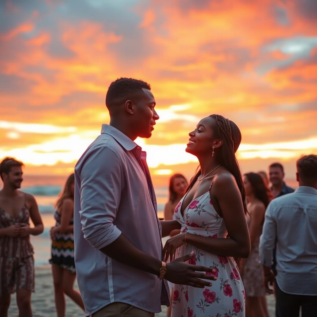 A young Black man singing to his beloved at a beach party during sunset, surrounded by several couples