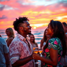 A young Black man singing to his beloved at a beach party during sunset, surrounded by several couples